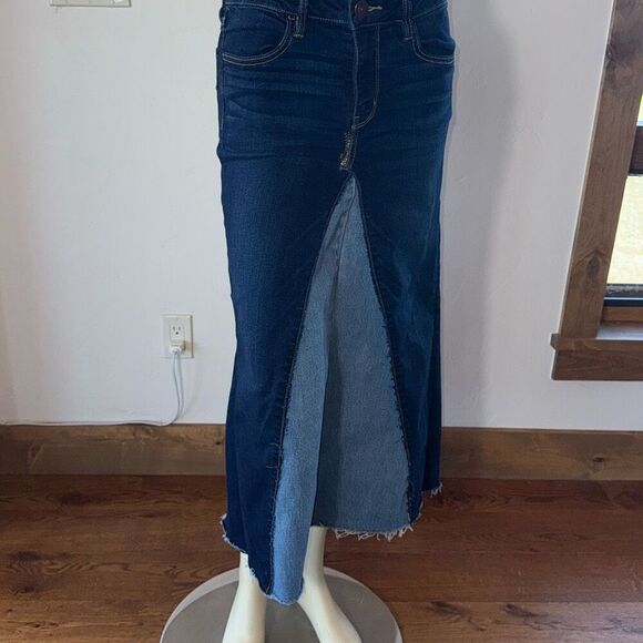Up cycled Bohemian Two Tone Blue Raw Hem Long Stretch Denim Maxi Skirt Size 6 - Picture 11 of 13